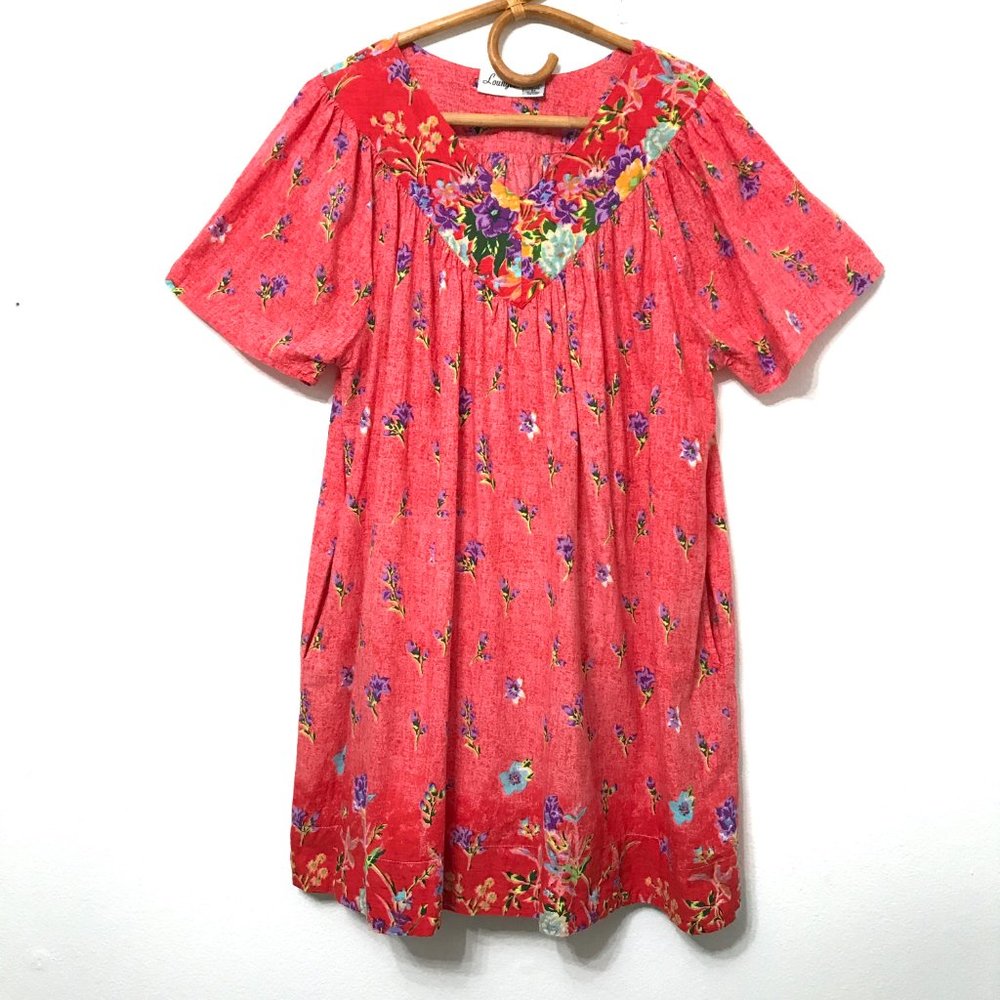 3/$25 LOUNGEES 100% Cotton Coral Floral Short Sleeve Pocket Mumu Nightgo…